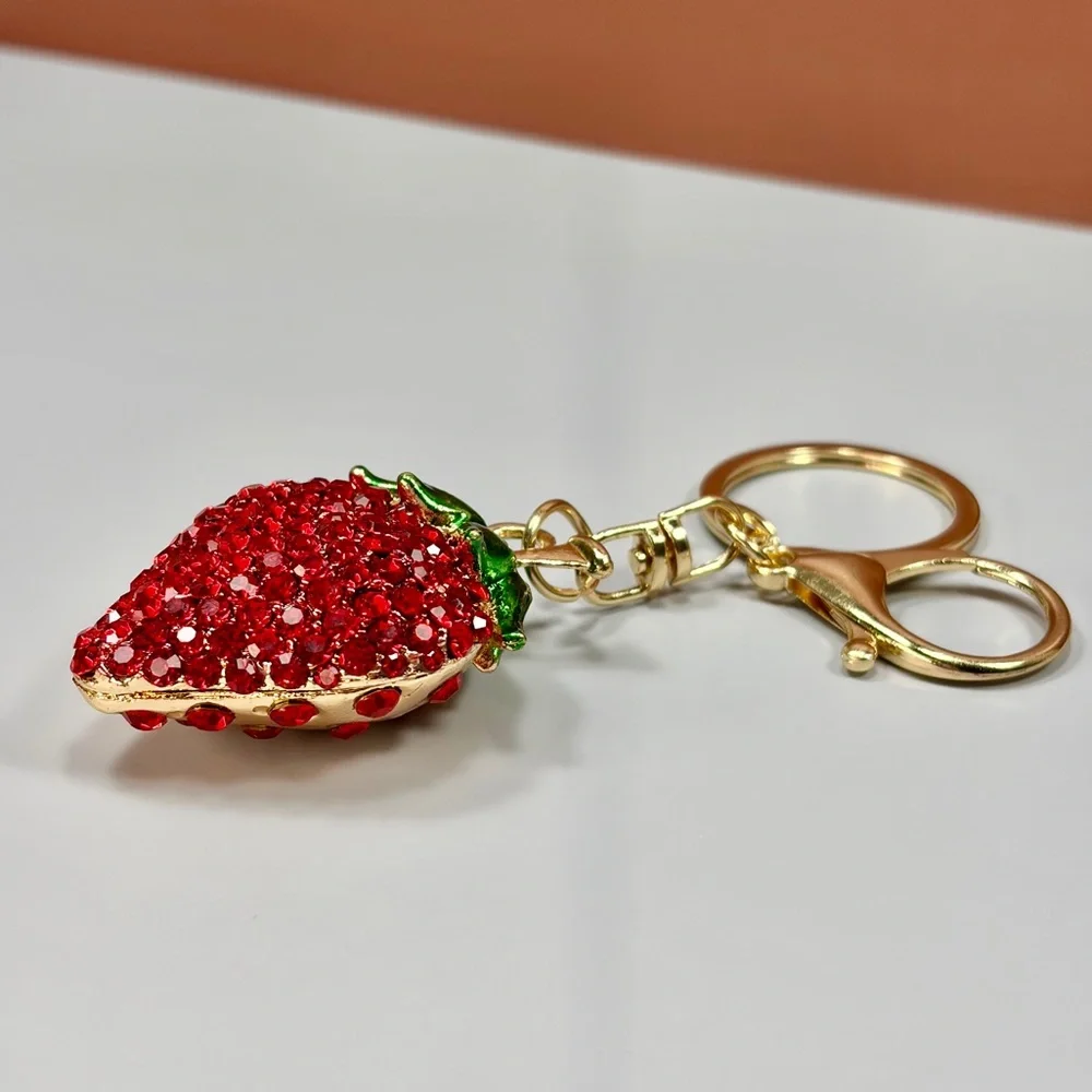 Chunky Rhinestone Strawberry Keychain - Red & Green Gold Hardware